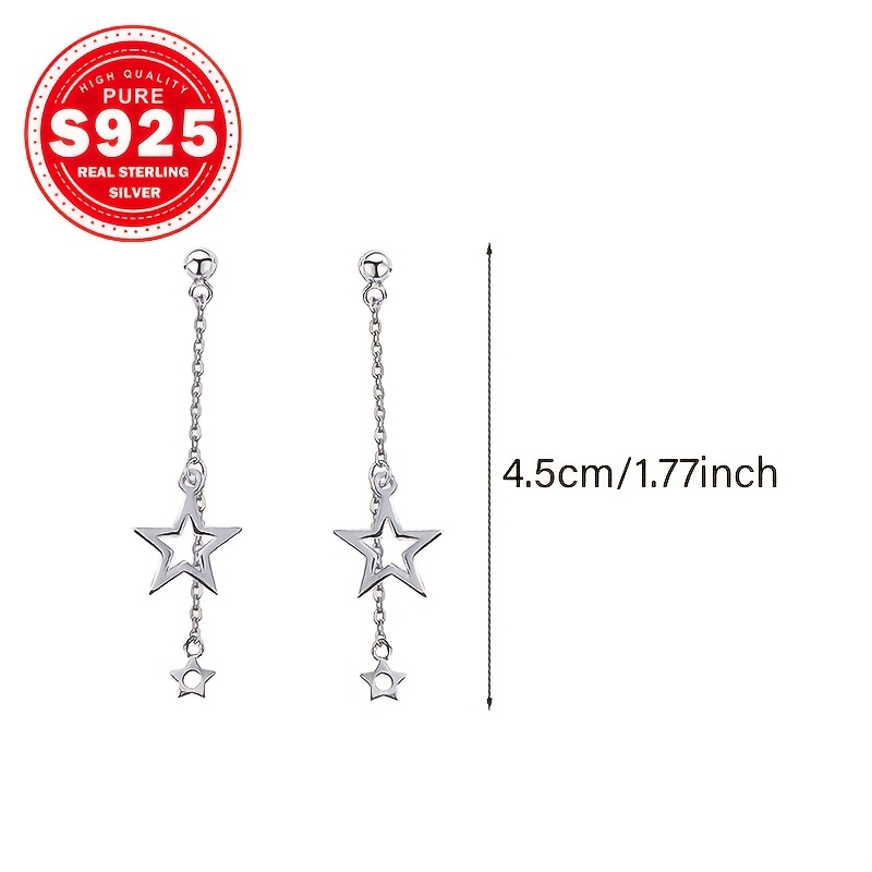 Women's S925 Silver Star Tassel Drop Earrings, Elegant Style